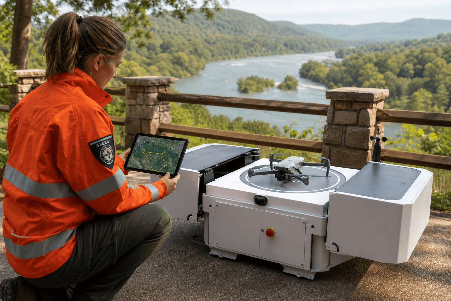 Autonomous DJI-style dock ready for a planned flight
