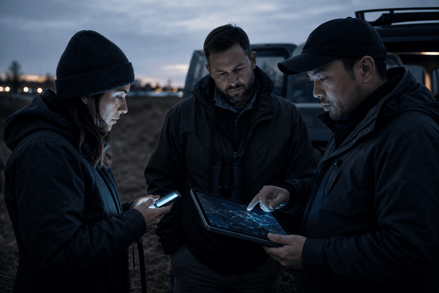 Ground crew checking a shared map on phone and tablet outdoors