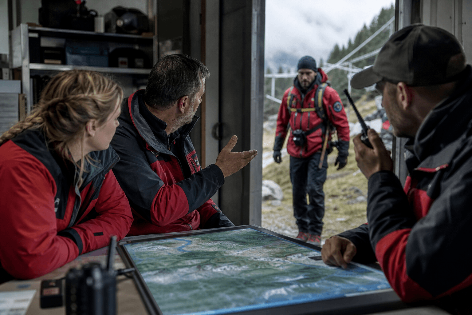 Mountain rescue team coordinating around a shared map